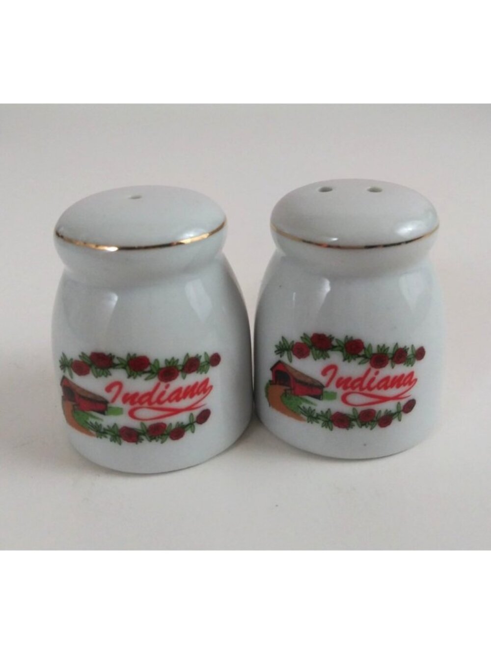 Vintage Lipco Indiana Covered Bridge & Roses Ceramic Mini Salt & Pepper Shakers
